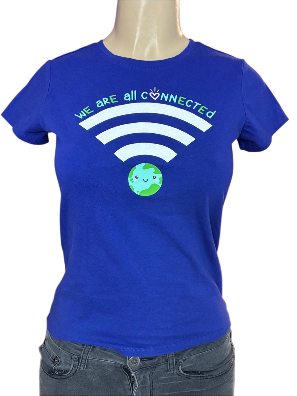 Cat & Jack blue baby tee with white shimmery Wi-Fi symbol and globe graphic